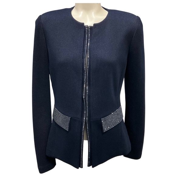 ST. JOHN NAVY 2019 CRYSTAL TRIM KNIT BLAZER JACKET - Picture 1 of 6
